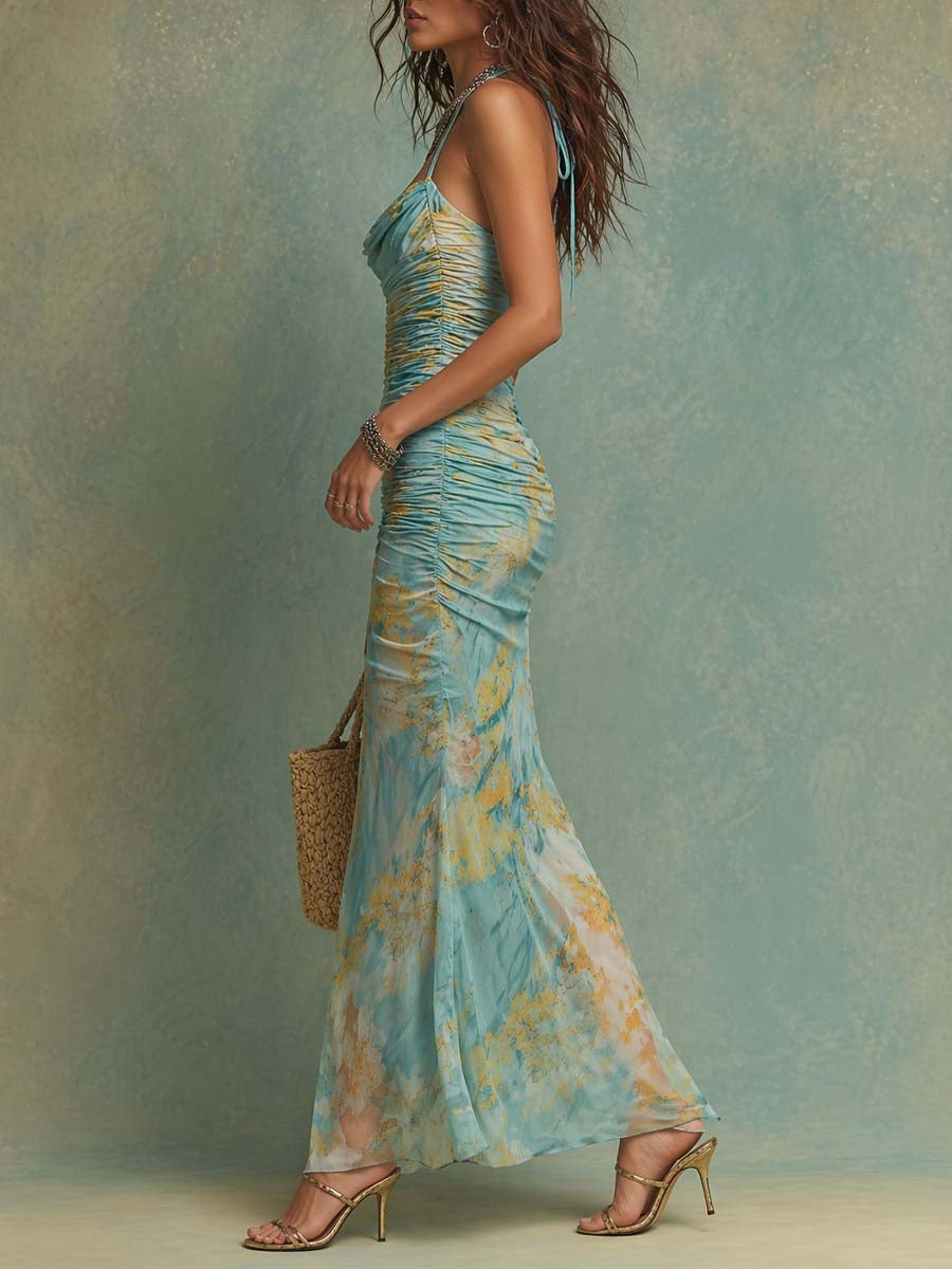 Bohemian Watercolor Floral Print Stretch Mesh Ruched Maxi Dress