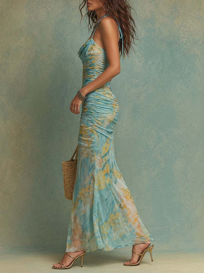 Bohemian Watercolor Floral Print Stretch Mesh Ruched Maxi Dress