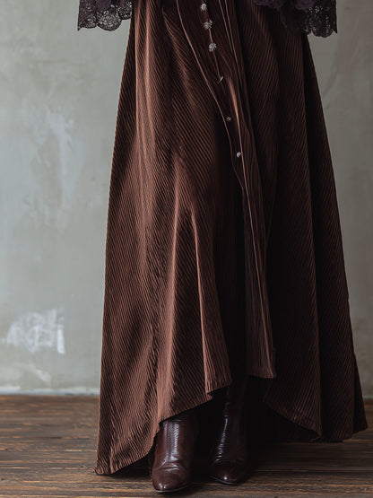 Vintage Chocolate Brown Velvet Flared Maxi Dress With Lace Cuffs