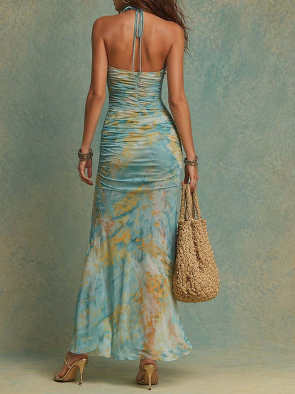 Bohemian Watercolor Floral Print Stretch Mesh Ruched Maxi Dress
