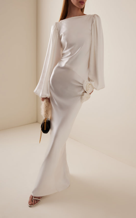 Vivir Baloon-Sleeve Rose-Detailed Hammered-Satin Maxi Dress