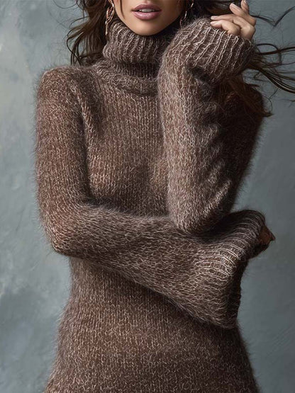 Soft Fluffy Knit Turtleneck Mini Dress