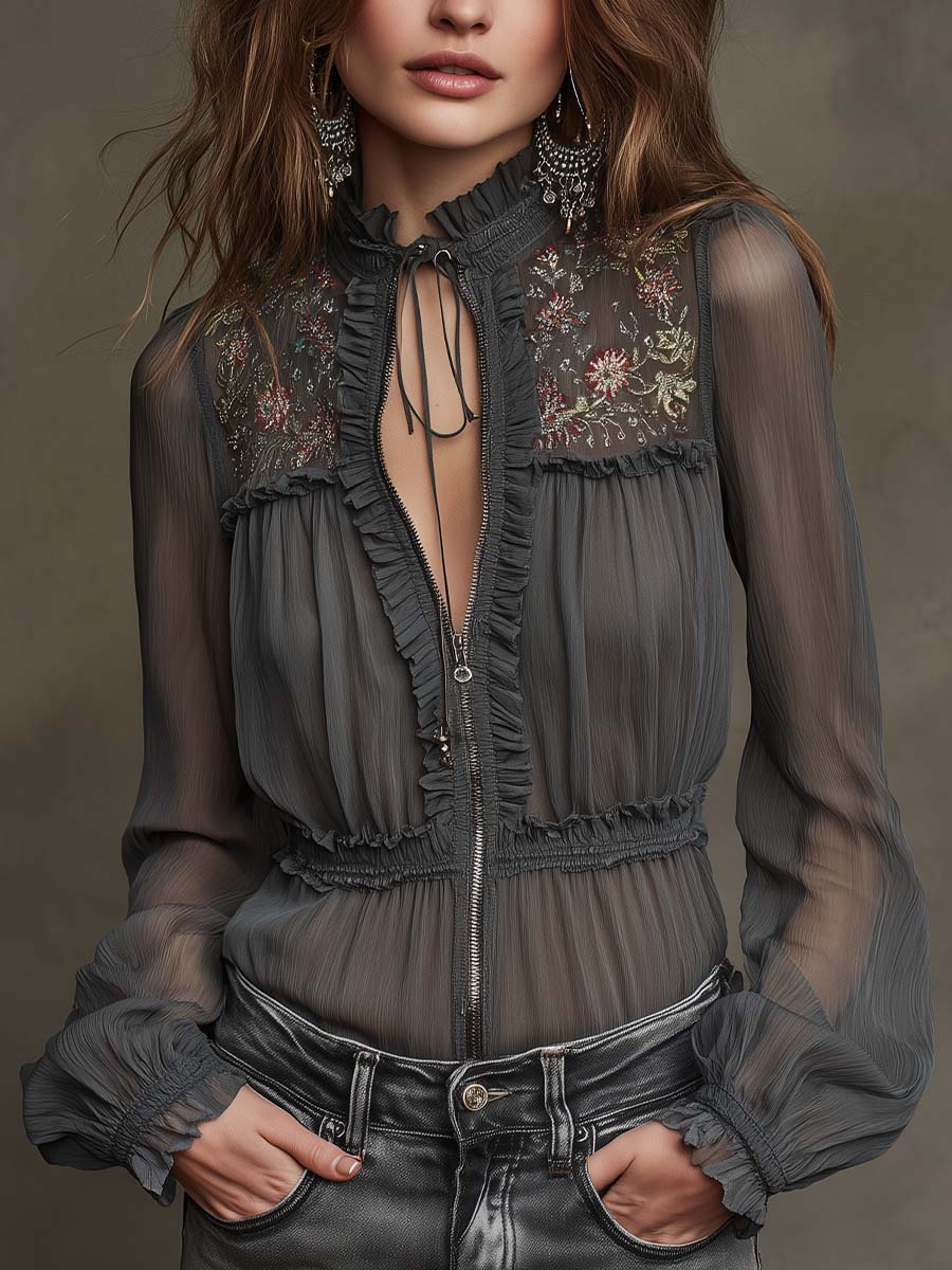 Sheer Embroidered Ruffle Zip-Front Chiffon Blouse