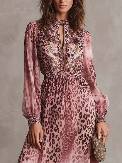 Pink Floral Leopard Chiffon Maxi Dress