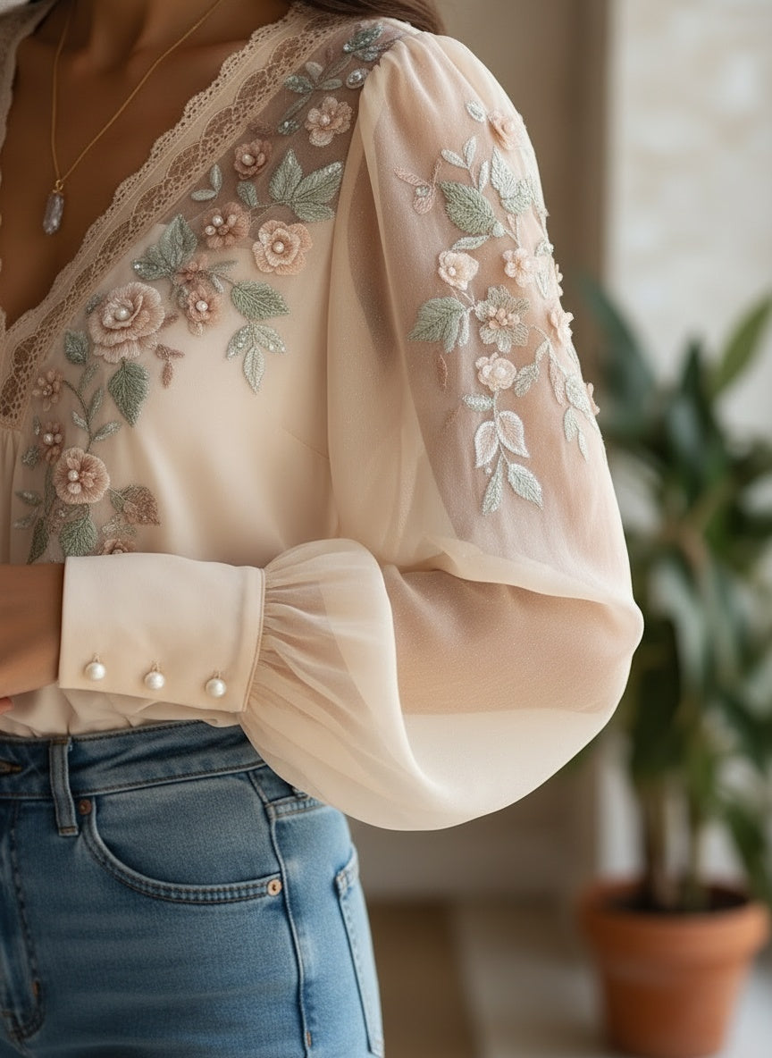 Elegant Floral Embroidered Chiffon Blouse with V-Neck and Puff Sleeves