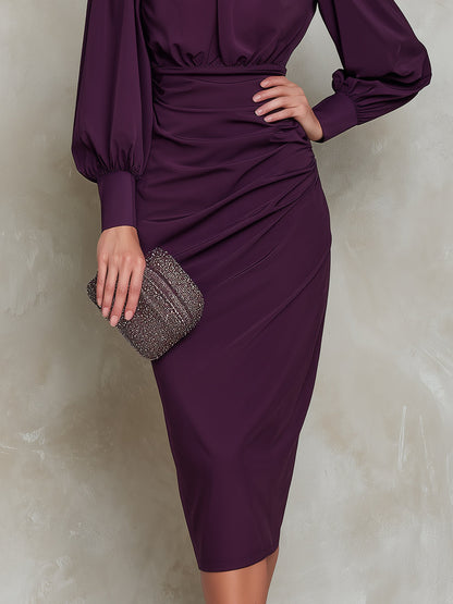 Ruched Waist Puff Sleeve Midi Dress