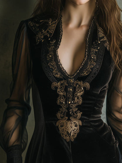 Vintage Black Velvet And Sheer Sleeve Embroidery Mini Dress