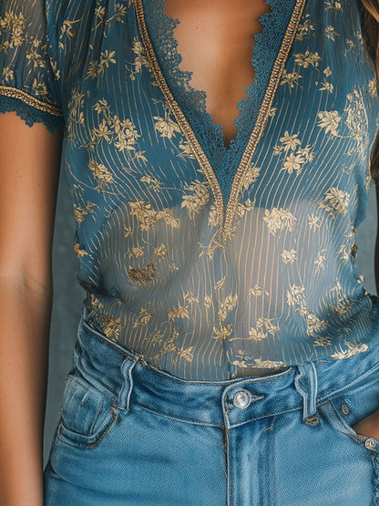 Boho Teal Floral Print And Gold Stripes Lace-Trim Blouse