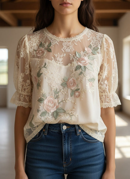 Elegant Embroidered Floral Lace Blouse for Women