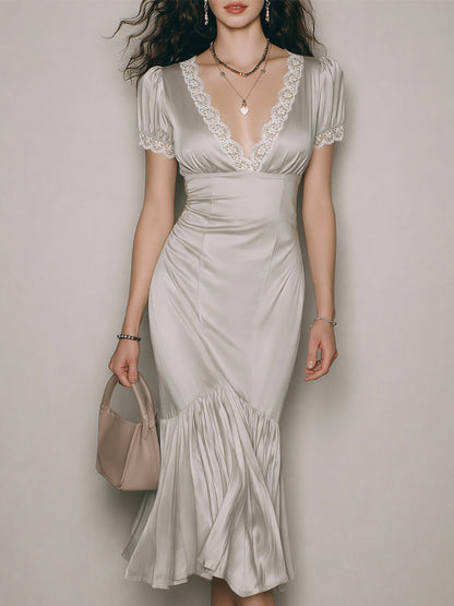 Vintage Satin Mermaid Midi Dress With Lace Trim