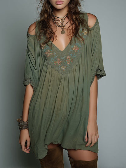 Retro Lace Flower Embroidered Loose Mini Dress