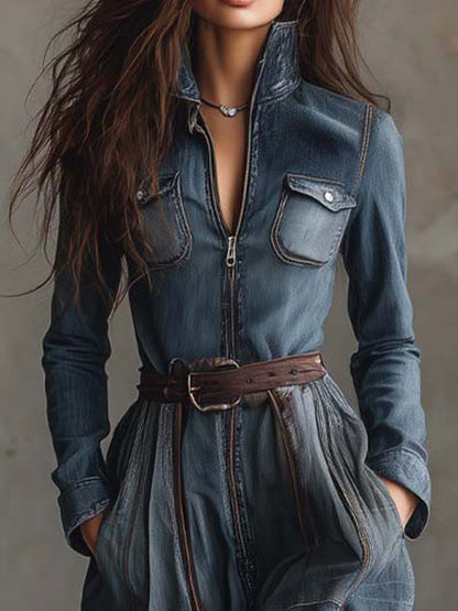 Denim Patchwork Maxi Dress With Plaid Hem