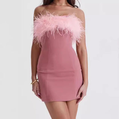 Women's off-shoulder evening dress feather socialite dresses