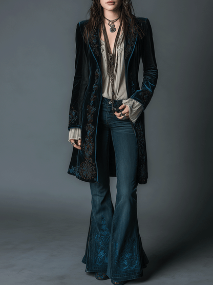 Vintage Navy Velvet Tailored Boho Embroidery Coat