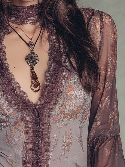 Bohemian Retro Lace Neck sheer Shirt
