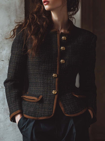 Vintage-Inspired Tweed Jacket With Contrast Trim And Gold Buttons