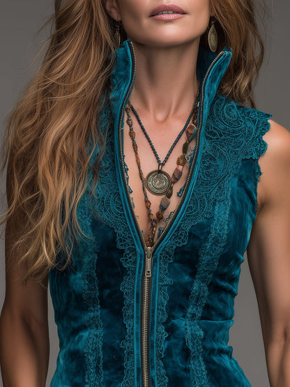 Bohemian Style Stand-collar Vest With Front Zipper And Lace Trim