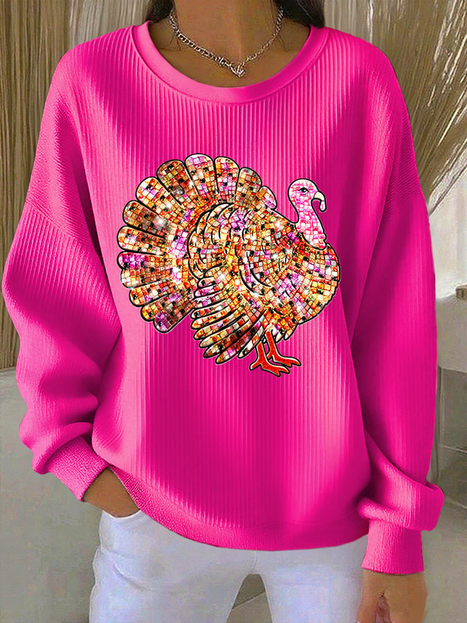 Women's Retro Thanksgiving Print Round Neck Sweatshirt