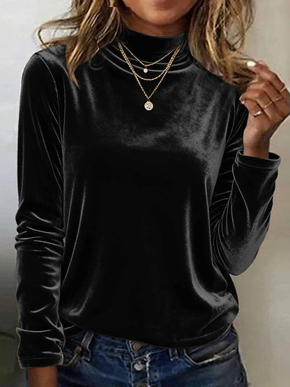 Women's high-neck Christmas velvet T-shirt