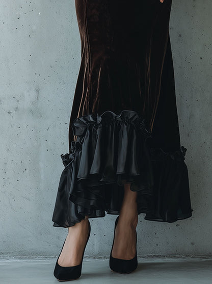 Victorian Dark Brown Velvet Buttoned Corset Maxi Dress With Ruffled Details