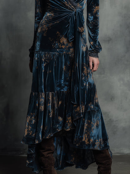 Quiet-boho Azure Mirage Velvet Wrap Maxi Dress