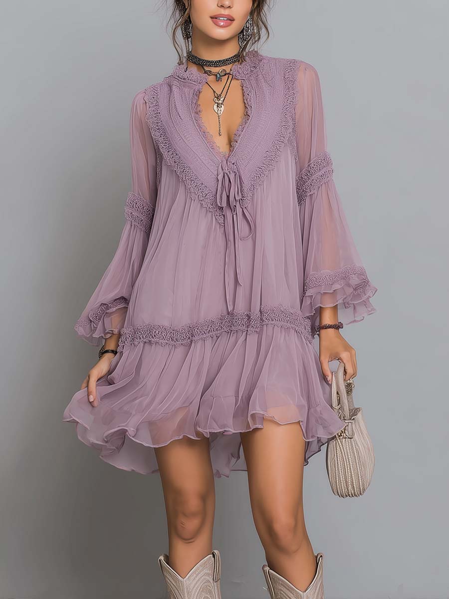 Vintage Lace-Trim Chiffon Mini Dress