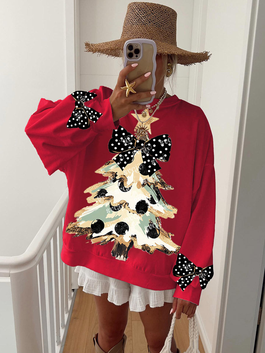 Women's Vintage Gold Dust Black Polka Dot Bow and Christmas Tree Fun Print Sweatshirt