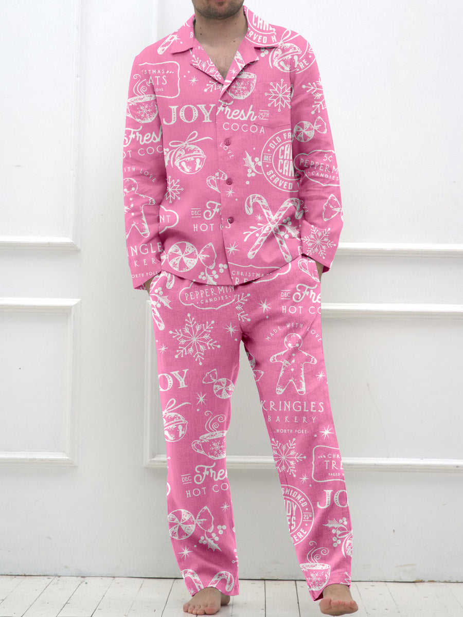 Men's Retro Christmas Print Long Sleeve Pants Pajama Set