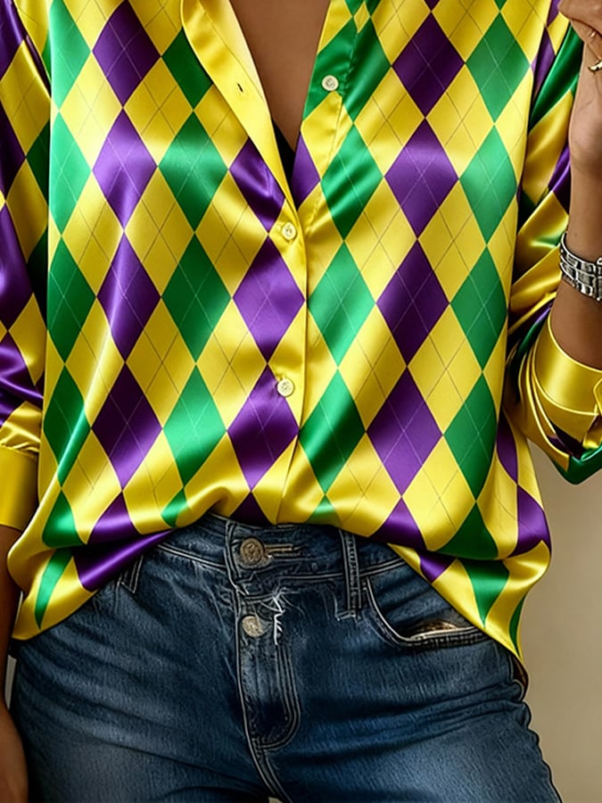 Women'S Casual Lapel Color-Block Printed Shirt