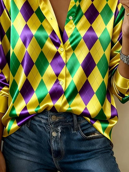 Women'S Casual Lapel Color-Block Printed Shirt