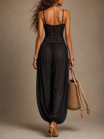Black Lace Chiffon Halter Harem Jumpsuit