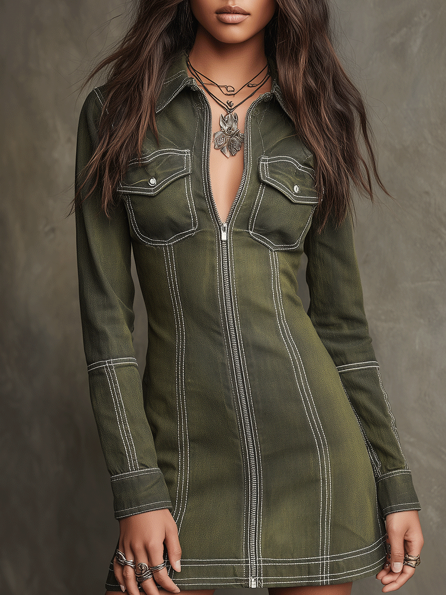 Boho Military Chic Olive Utility Mini Dress