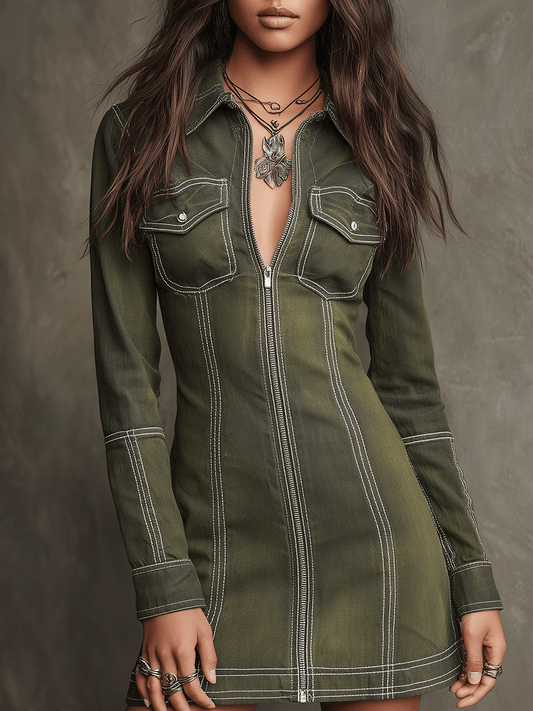 Boho Military Chic Olive Utility Mini Dress