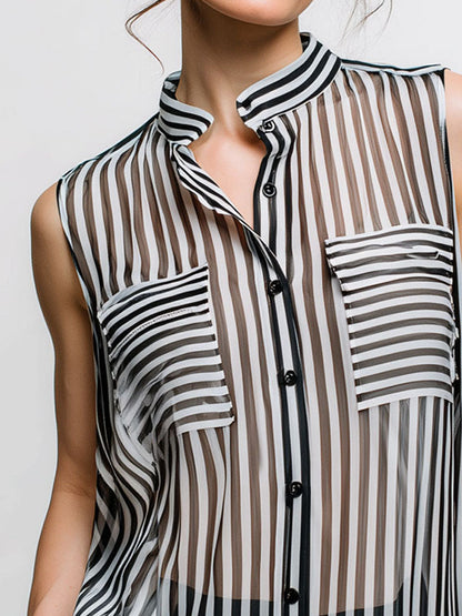 Stylish Black And White Sheer Vertical Stripe Mandarin Collar Blouse