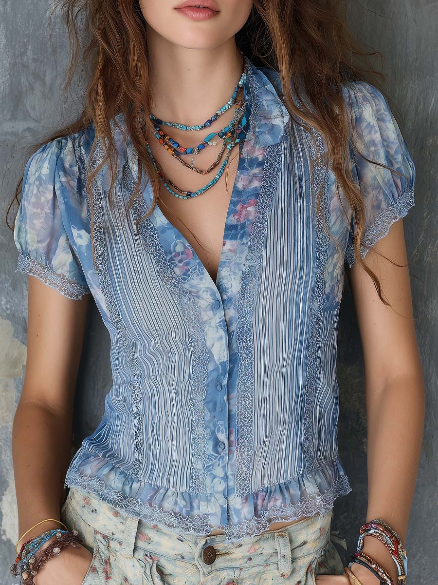 Soft Vintage Pleated Chiffon Lace Trim Blouse