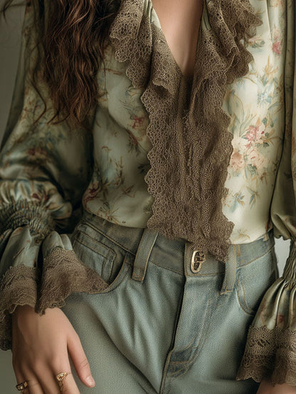 Vintage Lace Ruffle Trim Floral Chiffon Blouse With Smocked Cuffs