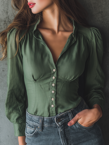 Retro V-Neck Slim Fit Cotton Linen Long-sleeved Blouse