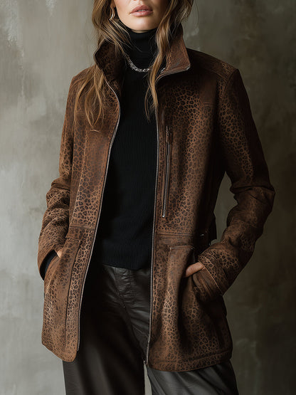Vintage Distressed Suede Leopard Print Straight Jacket