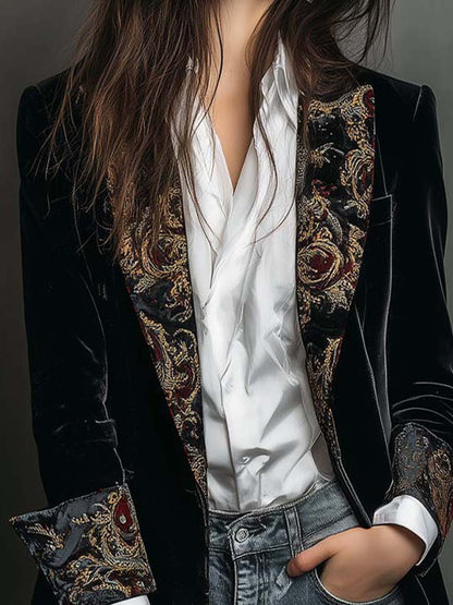 Black Velvet Blazer With Baroque Printed Lapel – Timeless Vintage Luxury