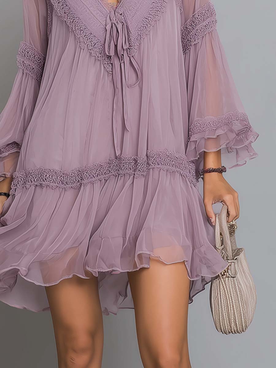 Vintage Lace-Trim Chiffon Mini Dress