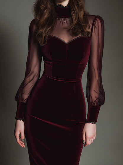 Elegant Mesh Polyester Velvet Stitching Sweetheart Neckline Slim Midi Dress