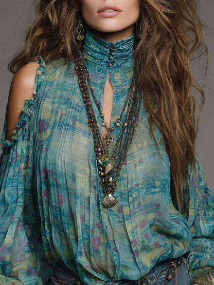 Bohemian Chiffon Off-the-shoulder Blouse With Keyhole Neckline