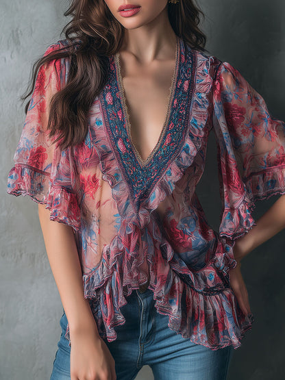 Boho Romantic V-Neck Sheer Floral Print Ruffle Blouse