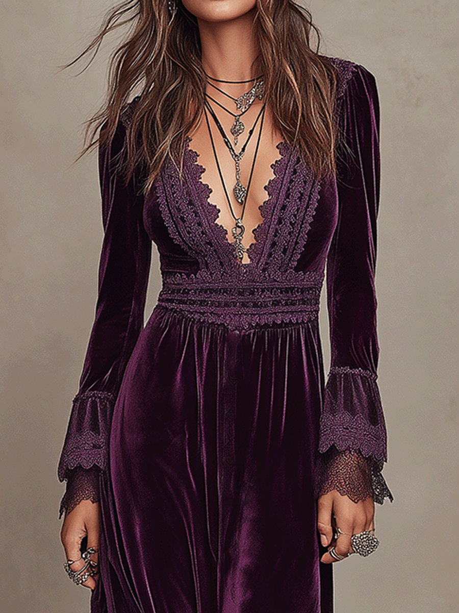 Elegance Boho Velvet Deep-V  Lace Bohemian Maxi Dress