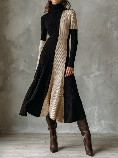 High Neck Color Block Ribbed Knit Fit-and-Flare Midi Dress