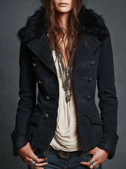 Vintage Black Double-Breasted Faux Fur Collar Jacket