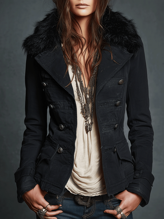 Vintage Black Double-Breasted Faux Fur Collar Jacket