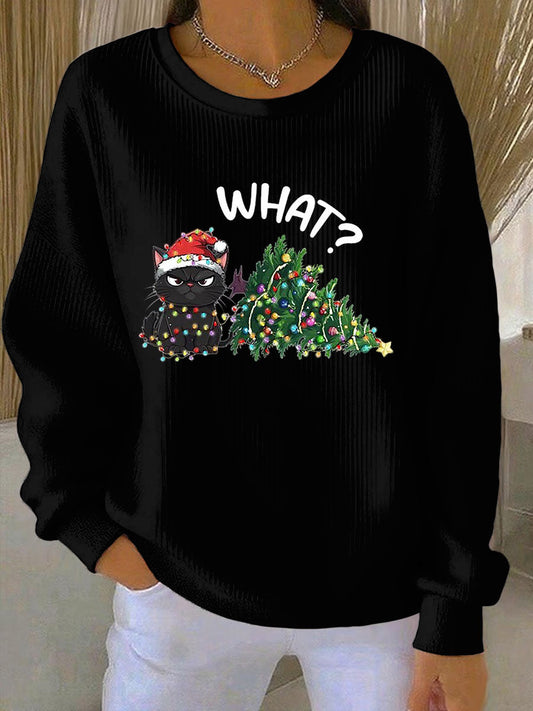 Women's Christmas Ribbed Round-Neck Sweatshirt