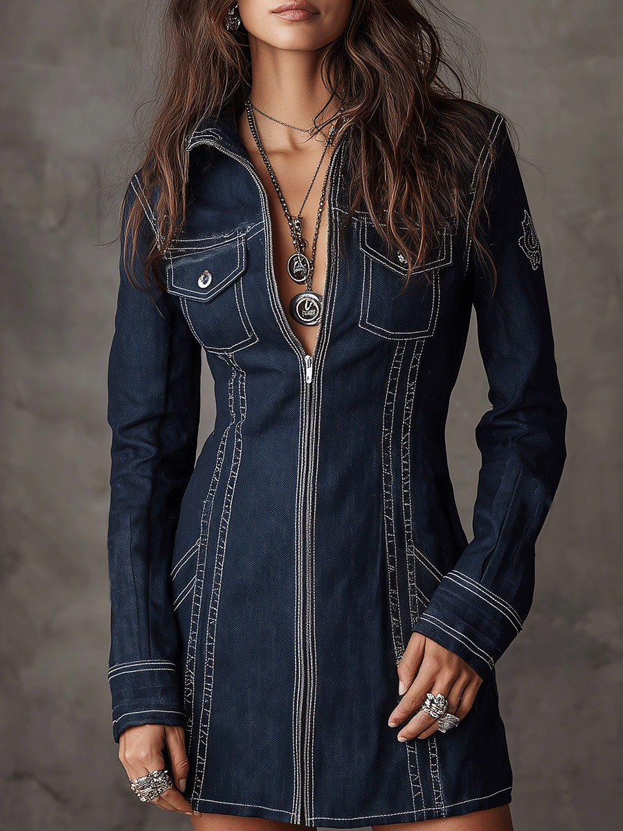 Boho Western Indigo Denim Zip Mini Dress