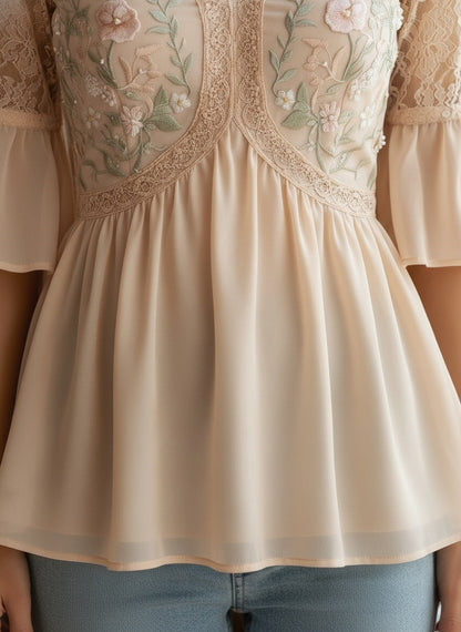 Elegant Floral Embroidered Lace Blouse - Chic V-Neck Design